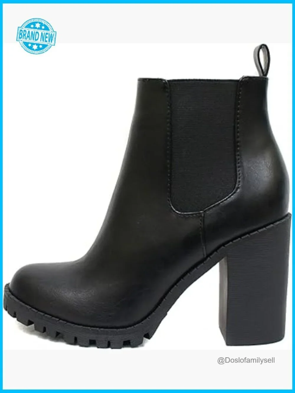 Black Ankle Boot with Lug Sole, Elastic Gore, Block Heel 3.5 inch